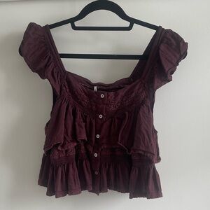 Free People Deep Burgundy Ruffle Blouse